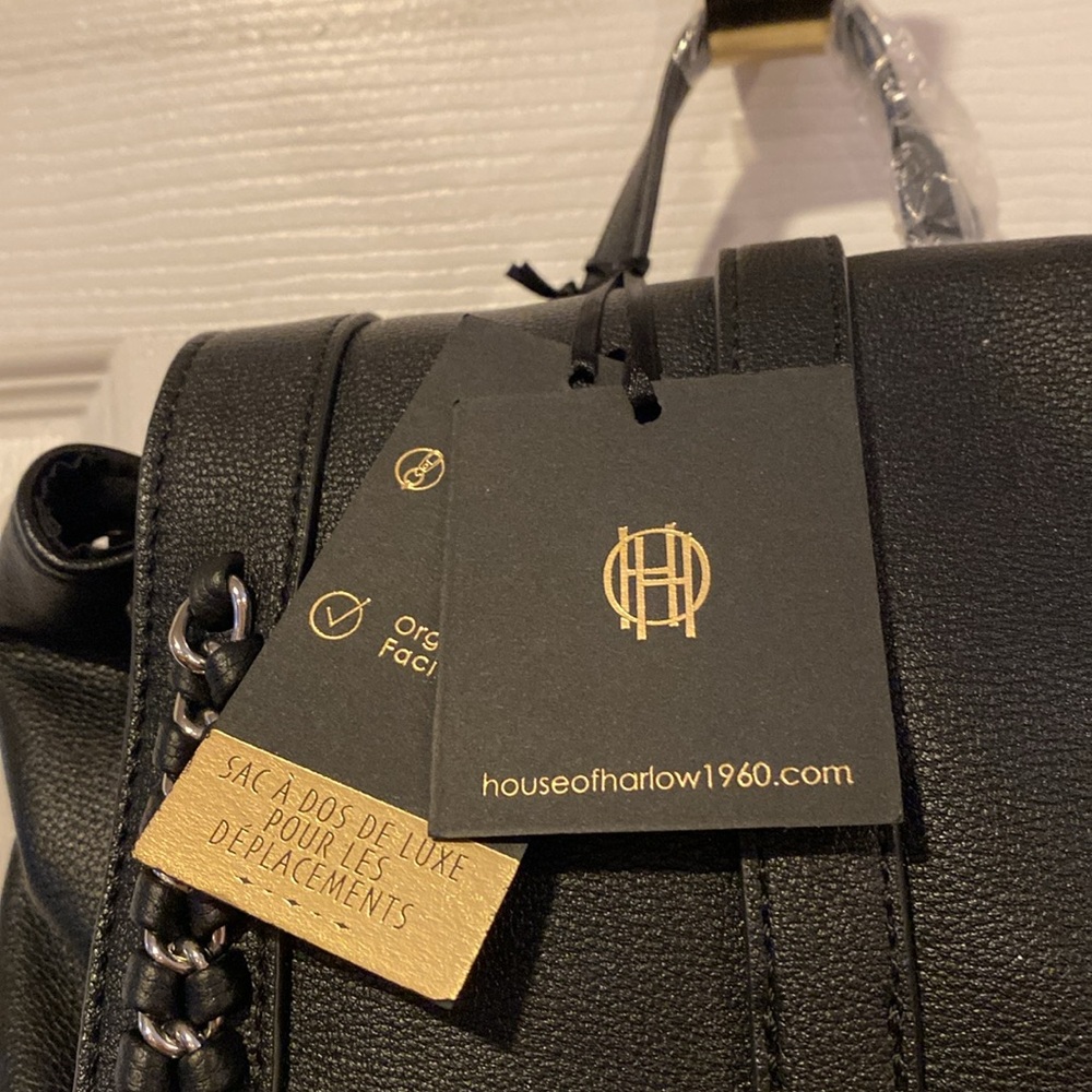 BNWT HOUSE OF HARLOW 1960 Chain Detail Faux Leather Black Women's Backpack - Picture 2 of 10